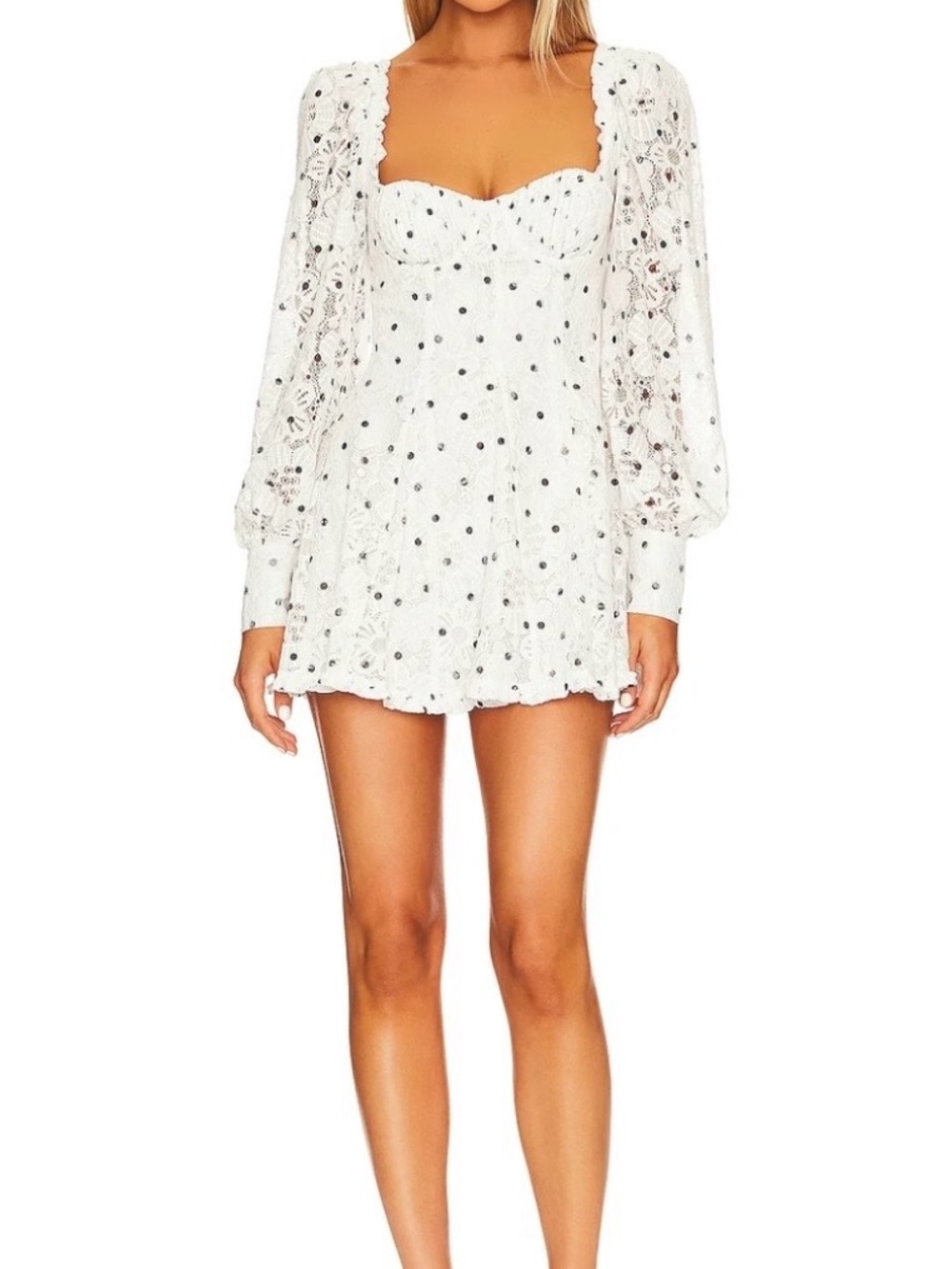 For Love And Lemons Donna Mini Dress -  White Eyelet dress with Black Dots